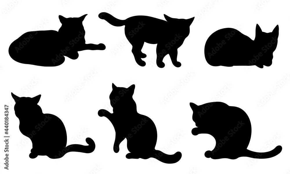 Set of vector icons black cats. Silhouettes of pets in different poses. The predator sits, walks, lies, washes, plays. Isolated on white. Hand-drawn shadows. Domestic cats.