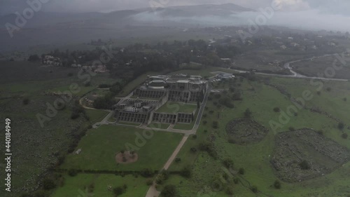 Aerial view over Domus Galilaeae on the Mount of Beatitudes 
Drone view from House of Galilee, 2021
 photo