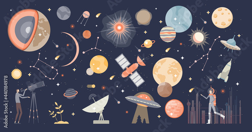 Cosmos collection set and space with stars and galaxies tiny person concept. Astronomy and astrology theme items list with planets, earth, universe and sky research spaceships vector illustration.
