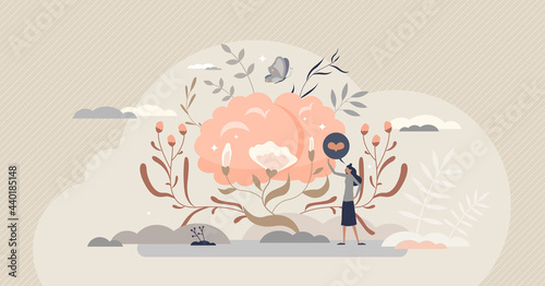Beautiful brain and mental psychological health care tiny person concept. Body and mind feeling or emotion consciousness and awareness vector illustration. Organ appreciation with floral female scene.