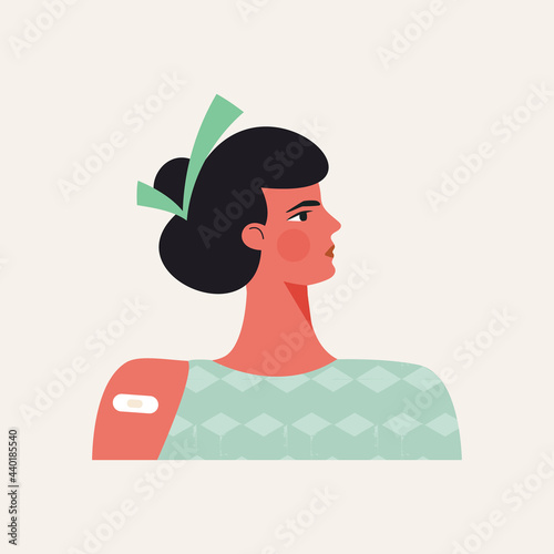 Vaccine and vaccination concept. Asian woman after vaccine shot with green check. Youth health care, immunization campaign, flue coronavirus prevention. Flat vector cartoon isolated illustration
