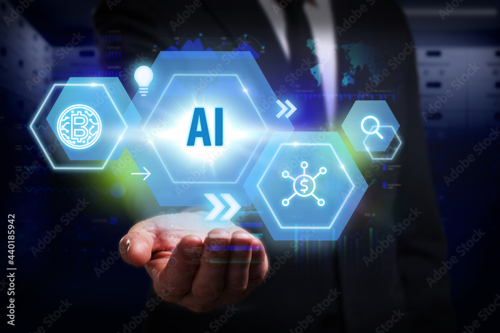 Business, Technology, Internet and network concept. Young businessman working on a virtual screen of the future and sees the inscription: AI Business, Technology, Internet and network concept. Young businessman working on a virtual screen of the future and sees the inscription: AI
