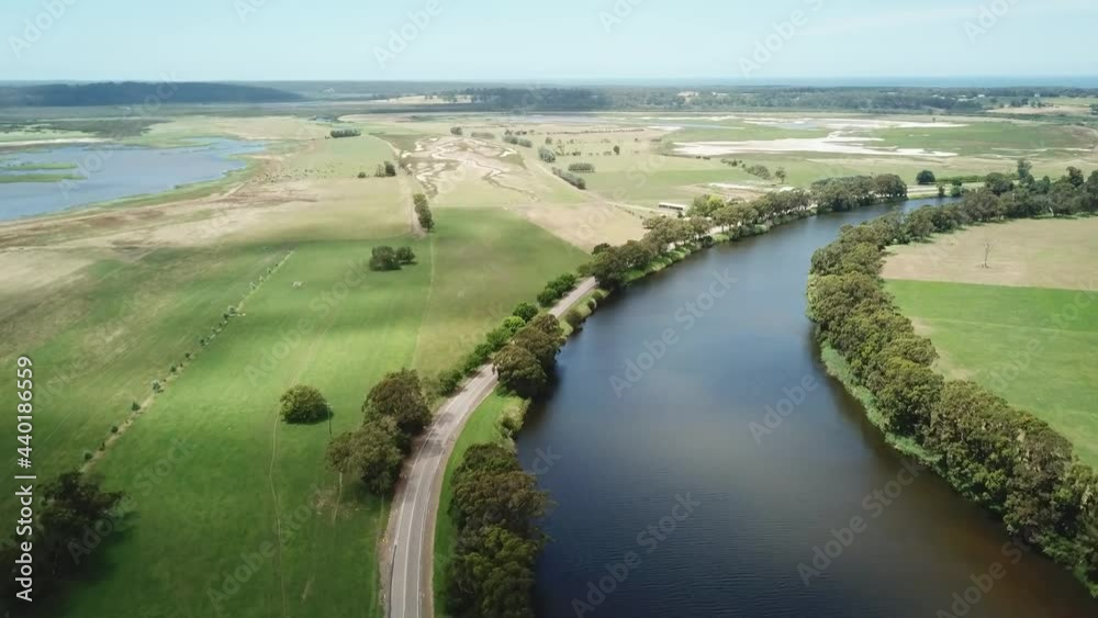 Drone flying along the Snowy River and adjacent wetlands near Marlo, in Gippsland, Victoria, Australia, December 2020 Drone flying along the Snowy River and adjacent wetlands near Marlo, in Gippsland, Victoria, Australia, December 2020