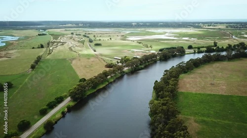 Aerial footage along the Snowy River and adjacent wetlands near Marlo, in Gippsland, Victoria, Australia, December 2020 photo