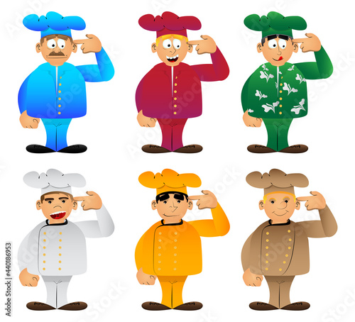 Fat male cartoon chef in uniform puting an imaginary gun to his head. Vector illustration.