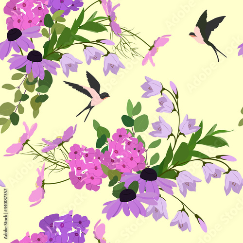 Seamless summer background with phlox, echinacea, campanula and swallow on a beige background.