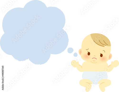 イラスト素材：おむつ姿で困った表情の赤ちゃん＿吹き出し水色塗りつぶし＿ベビー全身 