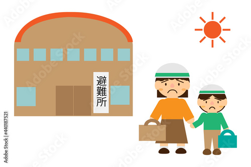 体育館に避難する親子