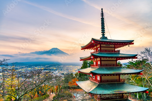 Fuji mountain at sunset seen from Chureito pagoda. Landmark of Japan