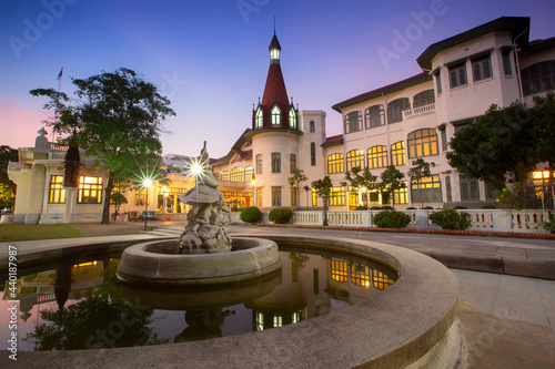 Twilight Bangkok ,Thailand  Phayathai Palace (Wang Phaya Thai) Construction of Phayathai Palace began in 1909. It was built at King Rama V, is on the banks of the Samsen Canal on Rajvithi Road	