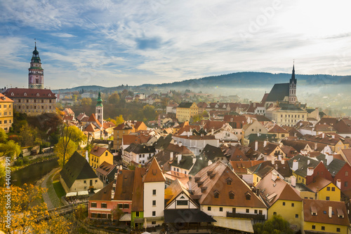 Morning view of Cesky Krumlov old town seen from castle