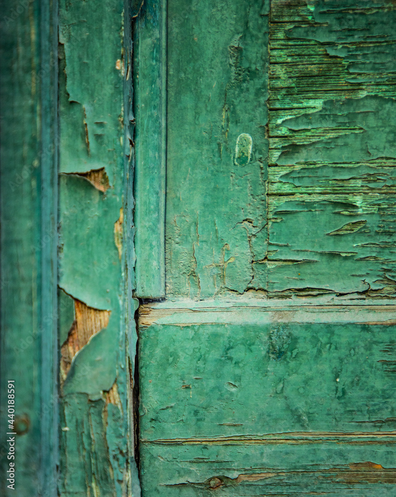 Vertical shot of an old wooden door texture with peeled-off green