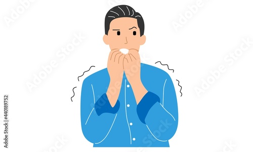 Hysterical guy looking in despair and panic, nervous, worried, hands near mouth, bites his nails, conception of panic