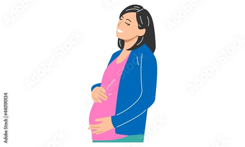 Pregnant woman vector illustration. Cute pregnant woman caressing her belly