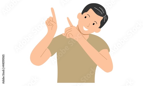 Man pointing away hands together and showing or presenting something while standing and smiling. Man pointing copy space