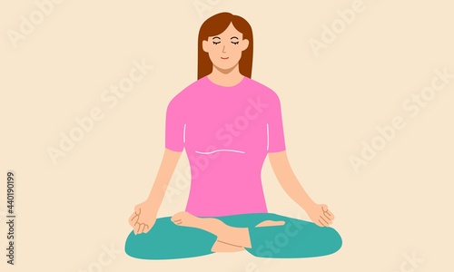 Young woman sitting cross legged on floor and meditating. Meditation, relaxation at home, spiritual practice, yoga and breathing exercise