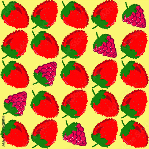 Seamless pattern with sweet  strawberries,  raspberries   on a  yellow  isolated background. Summer minimalistic background