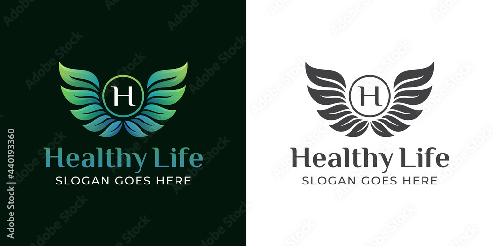 angel wings with shield and leaves for healthy life, medical treatment or therapy in natural logo design angel wings with shield and leaves for healthy life, medical treatment or therapy in natural logo design