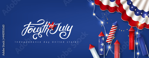 Independence day USA celebration banner with festive decoration american. 4th of July poster template.  photo