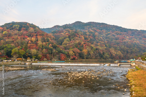 Katsura River in front of Arashiyama Mountain in Kyoto