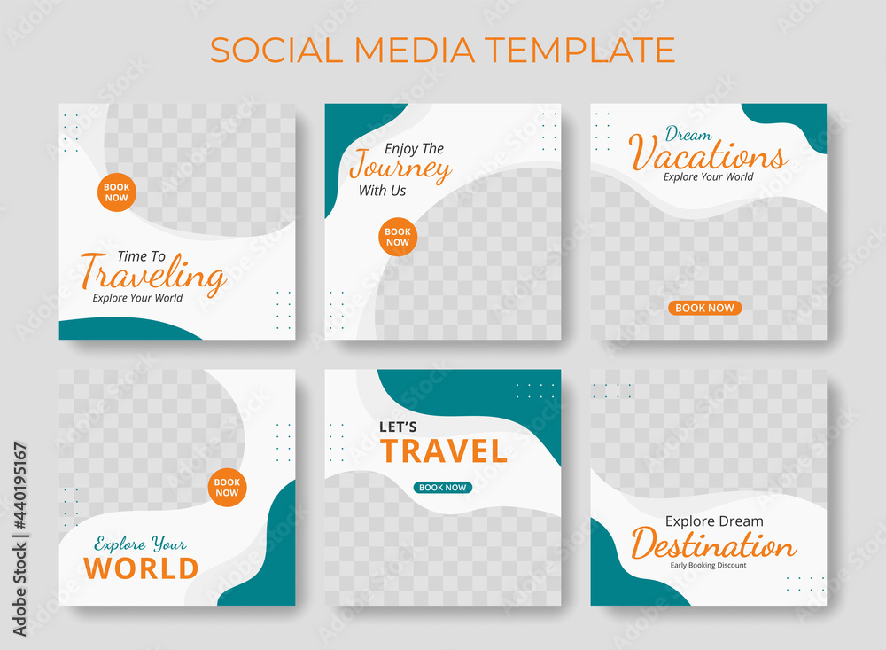 Editable template post for social media ad. Instagram template post. web banner ads for travel promotion .design with blue and orange color.  - obrazy, fototapety, plakaty 