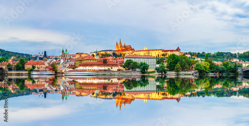 Panorama of Prague castle with reflection. Czech Republic