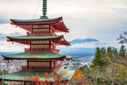 Autum scenery of Japan landmark. Chureito pagoda near Fuji mountain 