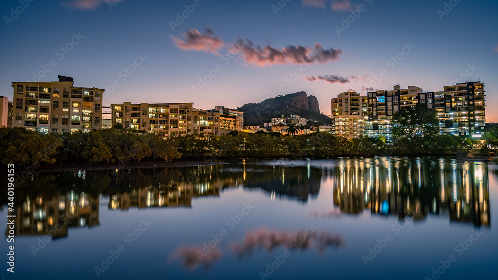 Town river reflections at sunset in Townsville, Queensland, Australia 