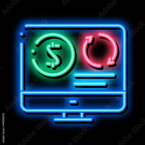 refinance money in computer mode neon light sign vector. Glowing bright icon refinance money in computer mode sign. transparent symbol illustration
