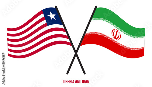 Liberia and Iran Flags Crossed And Waving Flat Style. Official Proportion. Correct Colors.