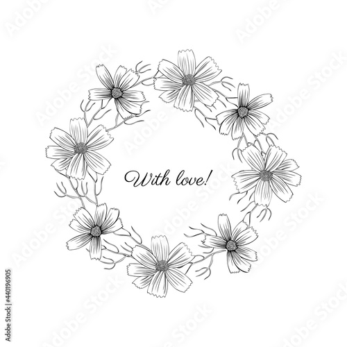 Decorative botanical wreath, round frame Kosmos flower, kosmeya hand drawn doodle ink sketch illustration, wild flower astra, floral design for greeting card, wedding invite, cosmetic packaging
