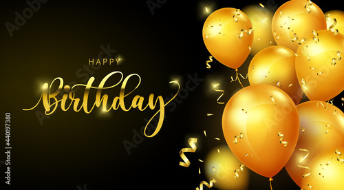 Birthday balloons vector banner template. Happy birthday greeting text with elegant gold balloons and confetti element in black background for celebrating birth day design. Vector illustration
