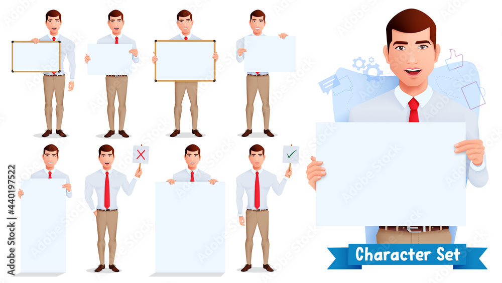 Businessman character vector set. Business man characters in presenting pose and gestures with whiteboard empty space element for male cartoon presentation collection design. Vector illustration
