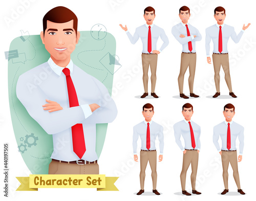 Business man characters vector set. Businessman male character in standing, talking and relaxing pose and gestures with smiling face for office manager cartoon collection design. Vector illustration
