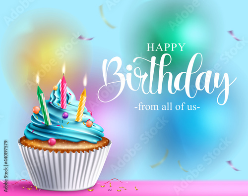 Birthday cupcake vector design. Happy birthday text with cupcake, candles and icing elements for celebrating birth day decoration greeting card. Vector illustration
