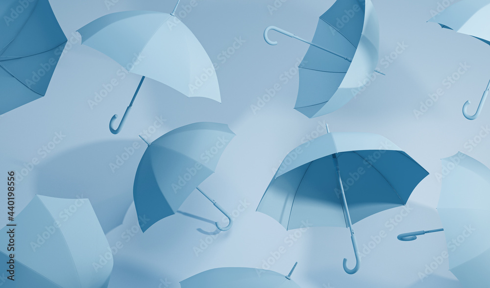 Minimal idea Floating blue and white umbrella on front and top view. Classic accessory for rain protection in spring, autumn or monsoon season, copy space for your text. 3d rendering   - obrazy, fototapety, plakaty 