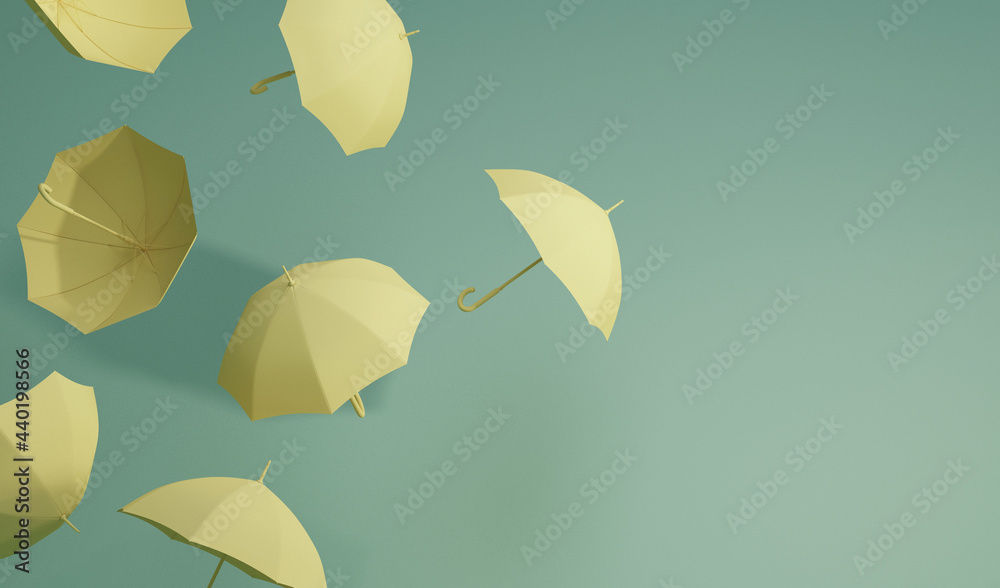 Minimal idea Floating yellow umbrella on front and top view. Classic accessory for rain protection in spring, autumn or monsoon season, copy space for your text. 3d rendering   - obrazy, fototapety, plakaty 