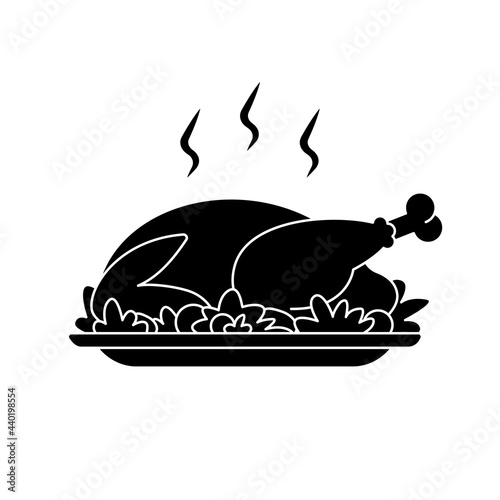 Baked bird on plate. Roast turkey or chicken on platter. Food for traditional holiday dinner. Vector silhouette illustration