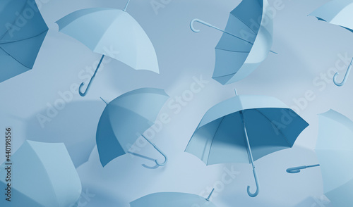 Minimal idea Floating blue and white umbrella on front and top view. Classic accessory for rain protection in spring, autumn or monsoon season, copy space for your text. 3d rendering  