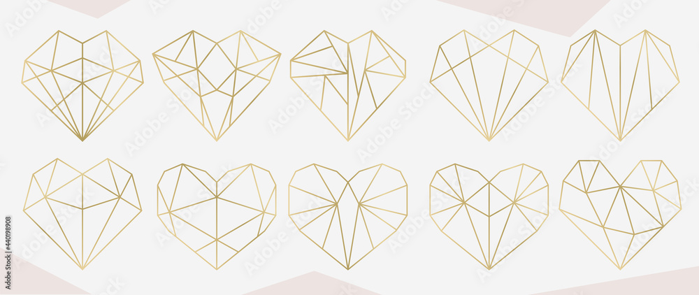 Heart icon vector. Golden geometric style heart. Luxury Love logo design isolated on white background. Design for website, love symbol, Valentine's day or wedding invitation element, Love sign. Heart icon vector. Golden geometric style heart. Luxury Love logo design isolated on white background. Design for website, love symbol, Valentine's day or wedding invitation element, Love sign.