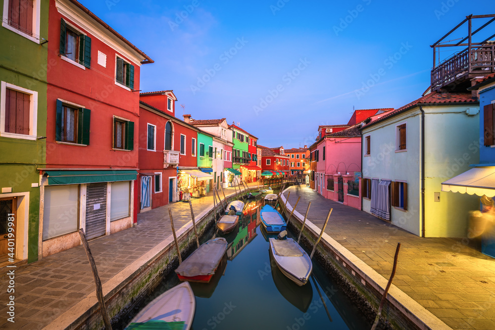 Colorful Burano island at blue hour