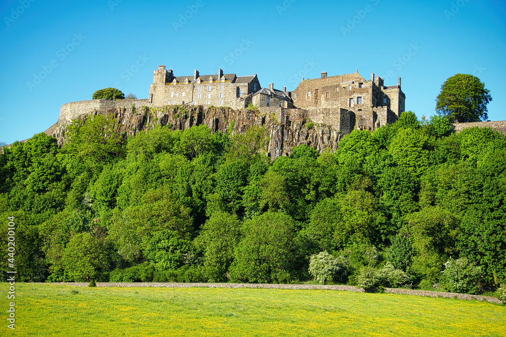 Panoramic view of Stirling Castle, Scotland which sits atop Castle Hill. Taken from a public road.