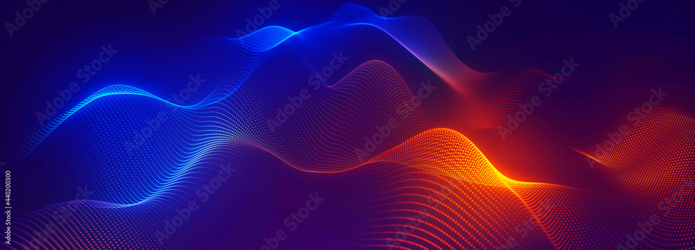 Obraz premium Abstract colorful digital particles wave with bokeh and light background, 3d render wave line dot background, line wave light glowing effect particular background.