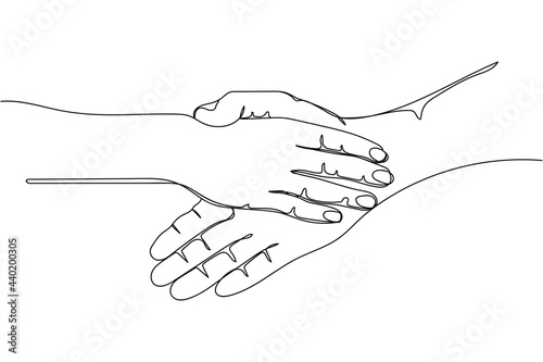 Continuous one line of couple hands held together hands in silhouette on a white background. Linear stylized.Minimalist.