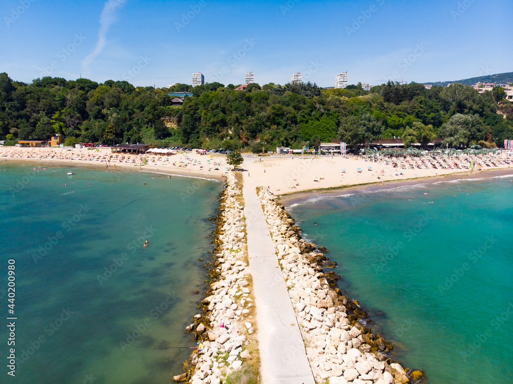 Aerial drone view of pier on the beach Varna, Bulgaria. Summer holidays destination