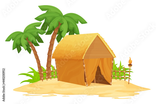 Beach bungalow, tiki hut with straw roof, bamboo and wooden details on sand in cartoon style isolated on white background. Fantasy building with palm trees, torch. Travel concept. Vector illustration