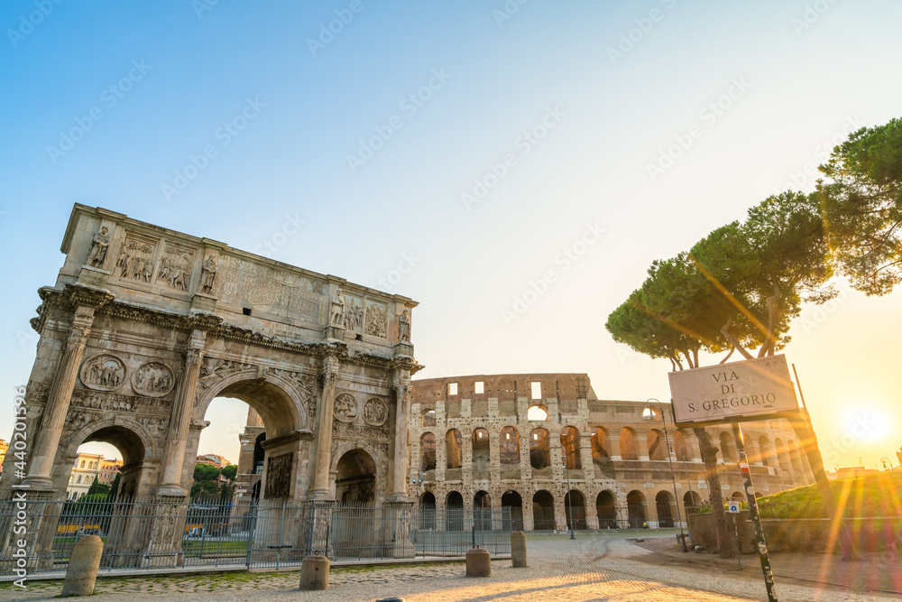 Arch of Constantine and Colosseum at Via di San Gregorio square in Rome. Italy