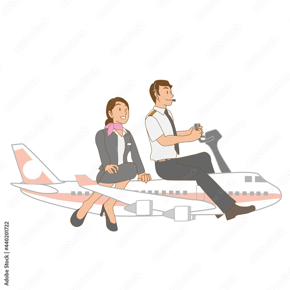 旅客機に乗るパイロットとフライトアテンダント
