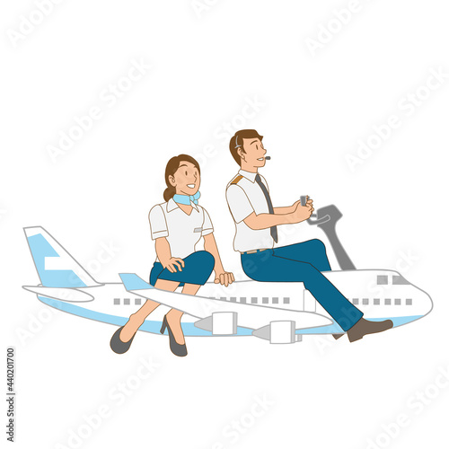 飛行機にのるパイロットとキャビンクルー