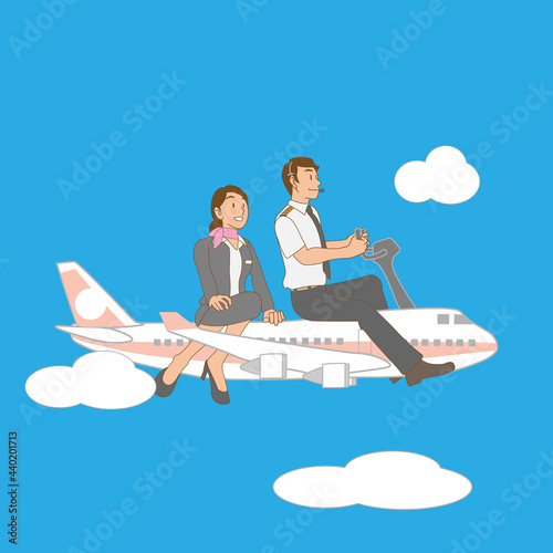 青空を飛ぶ旅客機に乗ったパイロットとフライトアテンダント